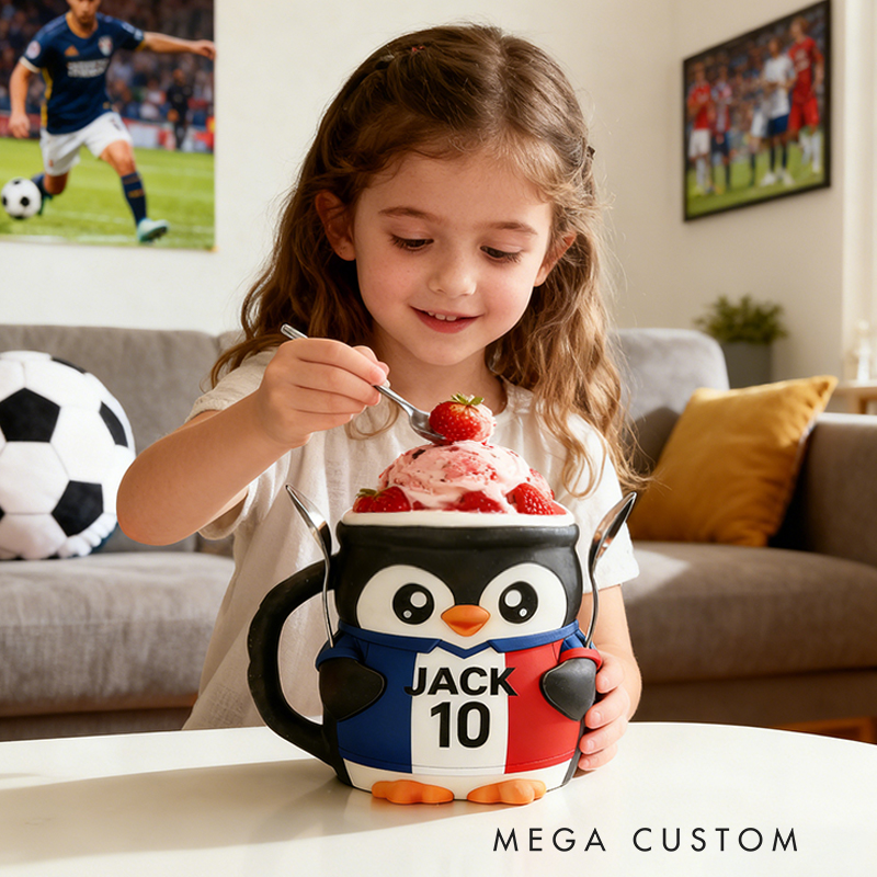 Personalized Soccer World Cup Penguin Ice Cream Pint Holder 3D Printed with Spoon Slots & Snack Drawer with Custom Details for Soccer Fans
