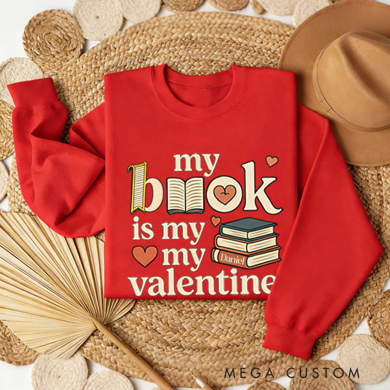 Personalized My Book is My Valentine Sweatshirt Retro Book Sweatshirt with Name Valentines Day Gift for Book Lover Reader Girlfriend Wife Women