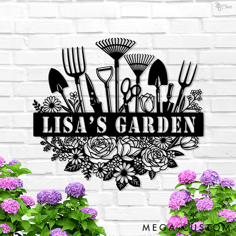 Personalized Custom Garden Sign with Tools Gift for Mom Garden Gift Outdoor Wall Art with Flower Decor for Garden Lover