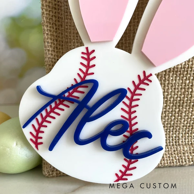 Personalized Baseball Easter Basket Tag Custom Name Bunny Label Gift for Kids on Easter Day