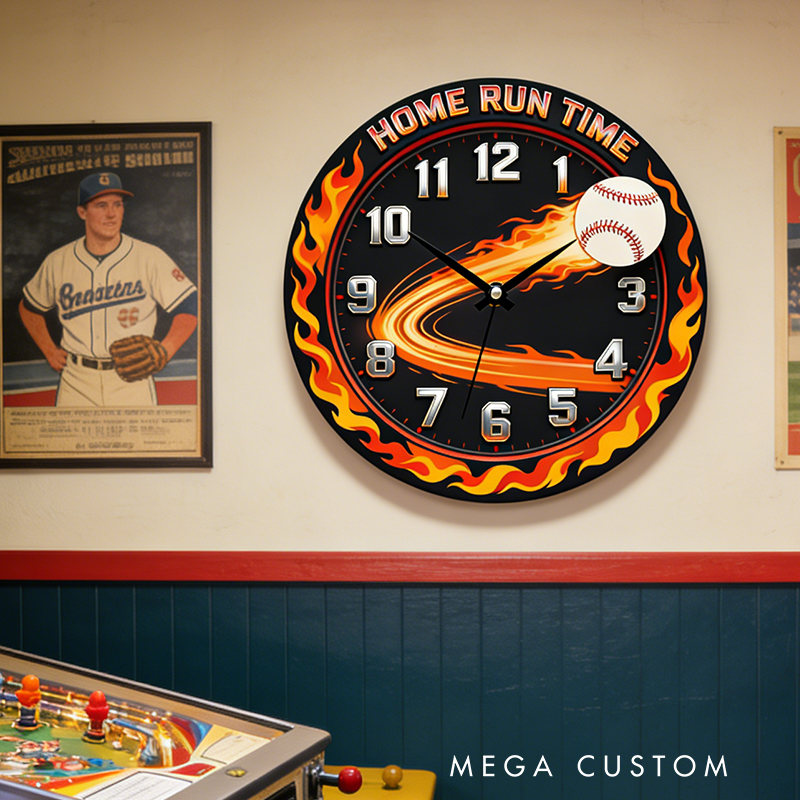 Personalized Home Run Time Clock with Fiery Baseball Design for Baseball Enthusiasts