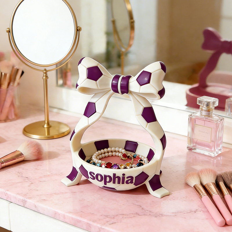 Personalized Soccer Jewelry Holder with Custom Name and Bow Design for Soccer Fans Girls 