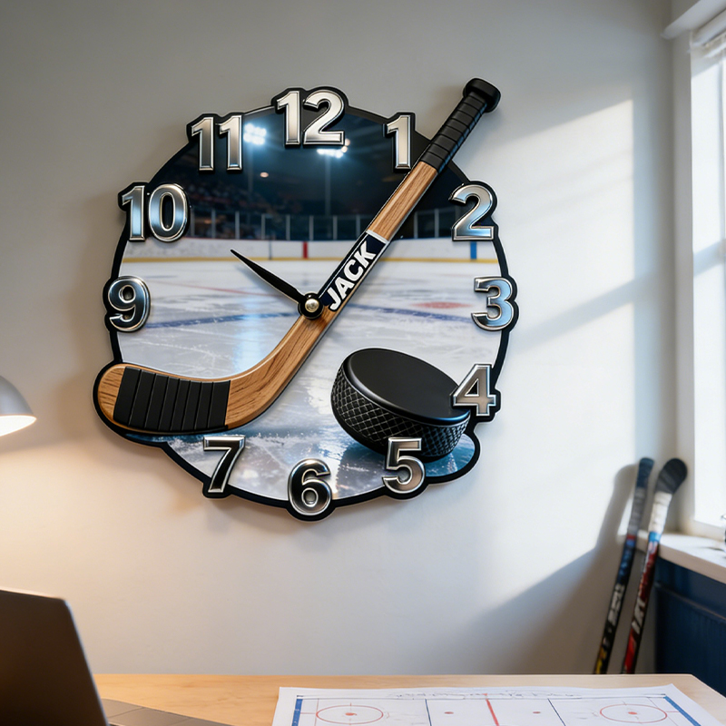 Personalized Ice Hockey Stick Wall Clock with Custom Name for Ice Hockey Lovers