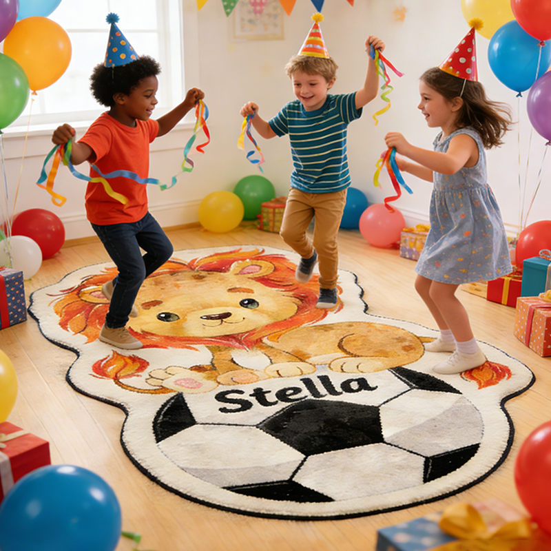 Personalized Lion and Soccer Ball Rug with Custom Name for Kids’ Rooms