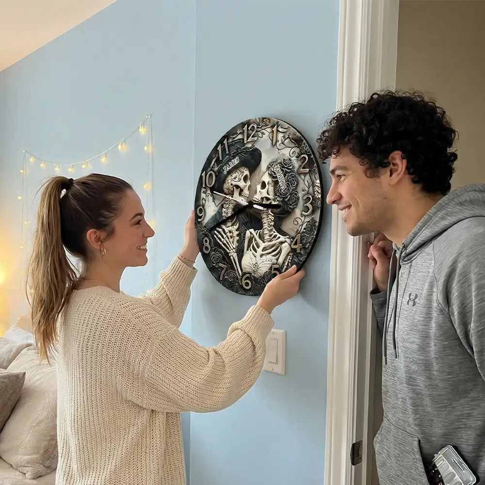 Personalized Skeleton Couple Till Death Do Us Part Wall Clock Custom Retro Gothic Graphic 3D Printed Wall Clock Anniversary Gift Valentine's Day Gift