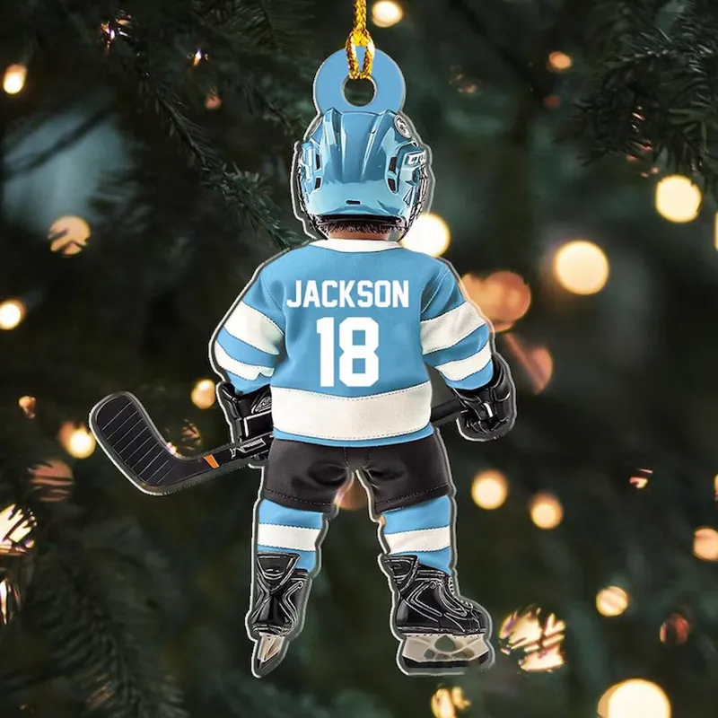 Personalized Hockey Player Ornament with Custom Name, Number, and Jersey Colors Design
