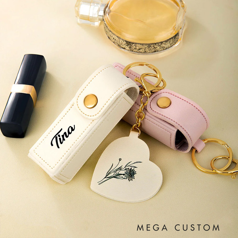 Personalized Line Flower Name Leather Lipstick Case Keychain with Heart-shaped Mirror Makeup Essentials Birthday Wedding Travel Gift for Women