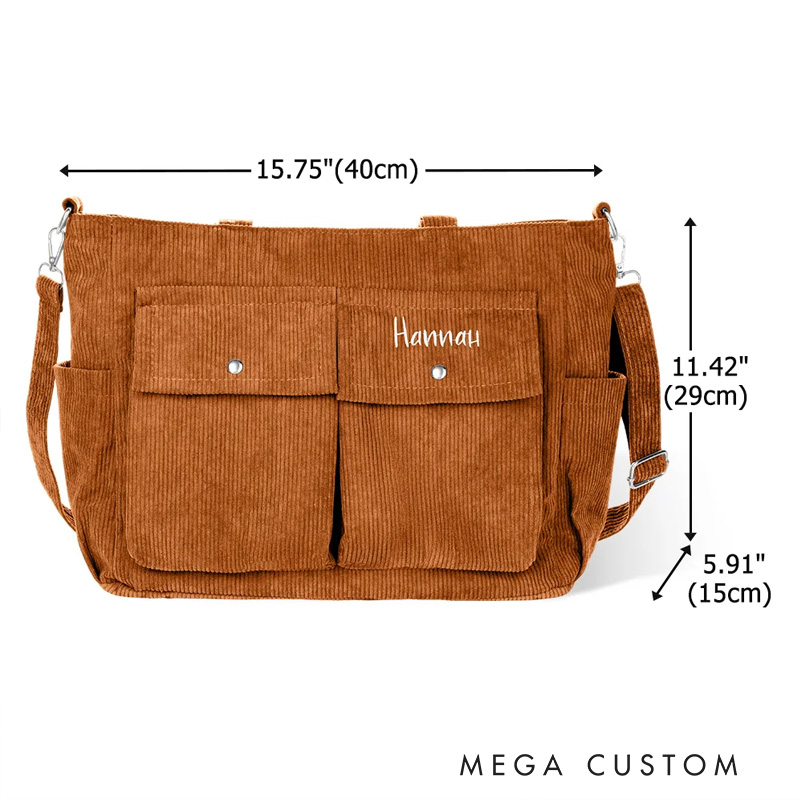 Personalized Leisure Corduroy Zipper Crossbody Tote Bag with Embroidered Name and Multiple Pockets Travel Accessories Birthday Gift for Family Friends