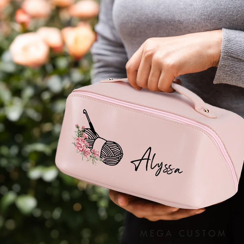 Personalized Birth Flower Crochet Wide Opening Leather Makeup Bag with Name Travel Accessories Birthday Wedding Gift for Bridesmaids Women
