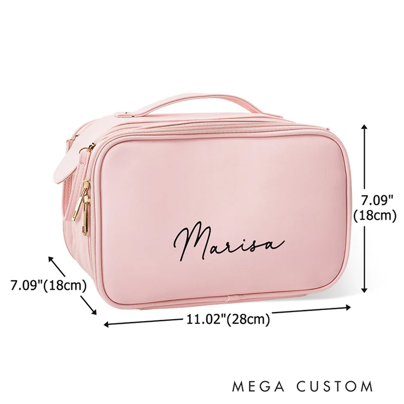 Personalized Simple Name Design Large Multi-compartment Leather Makeup Bag with Makeup Brush Holder Travel Essentials Birthday Gift for Women