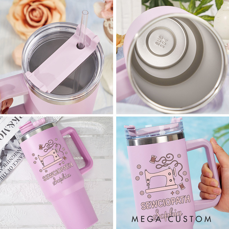 Personalized 40oz Tumbler with Handle Pink Sewciopath Tumbler and Custom Name