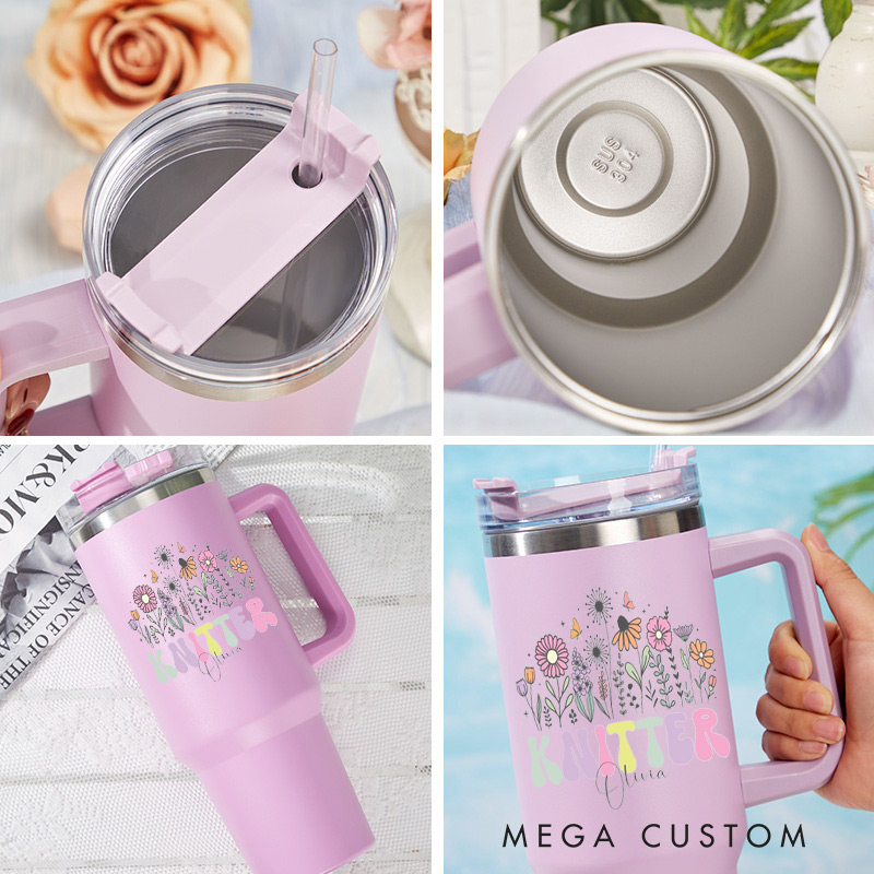 Personalized 40oz Tumbler with Handle Floral Knitter and Custom Name