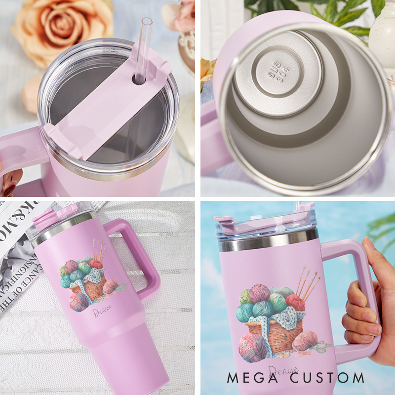 Personalized 40oz Tumbler with Handle Yarn Basket and Custom Name