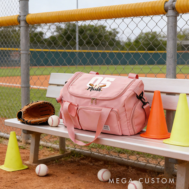 Personalized Ball Sports Name Number Large Travel Bag with Multiple Compartments and Shoulder Straps Birthday Back to School Gift for Sport Lover