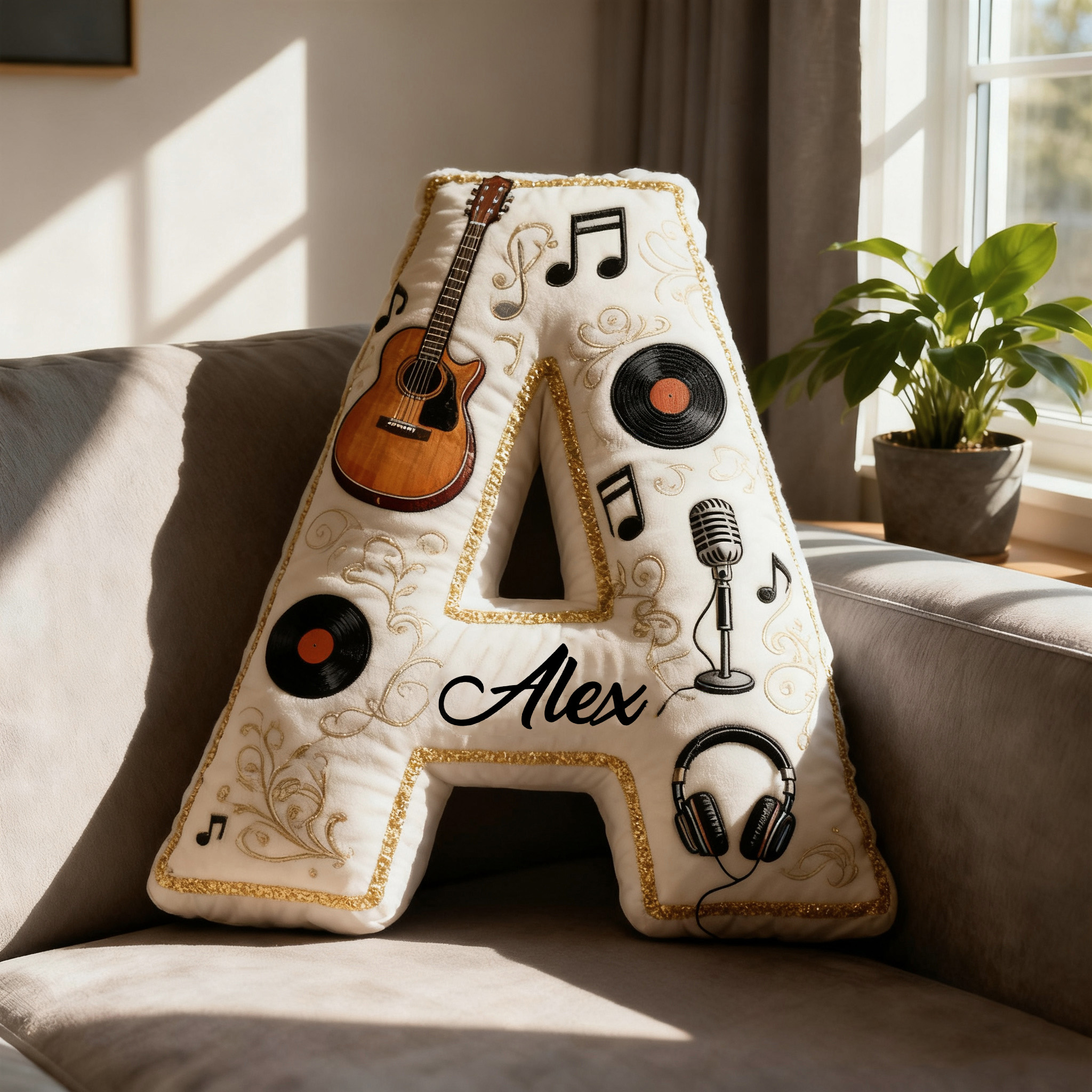 Personalized Graphic 3D Print Vinyl Records and Guitars Pillow With Your Own Name Soft Stuffed Toy for Kids Music Lovers Unique Decorative Cushion for Room