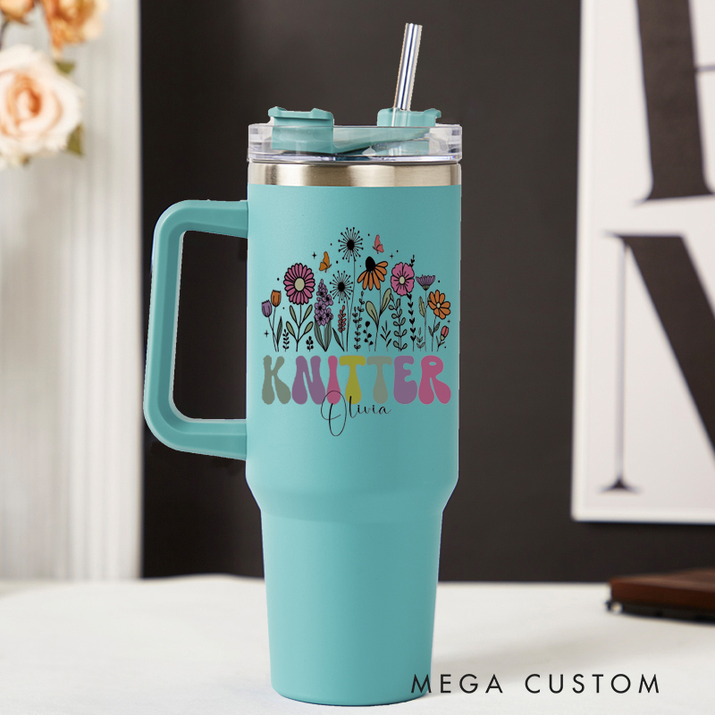 Personalized 40oz Tumbler with Handle Floral Knitter and Custom Name