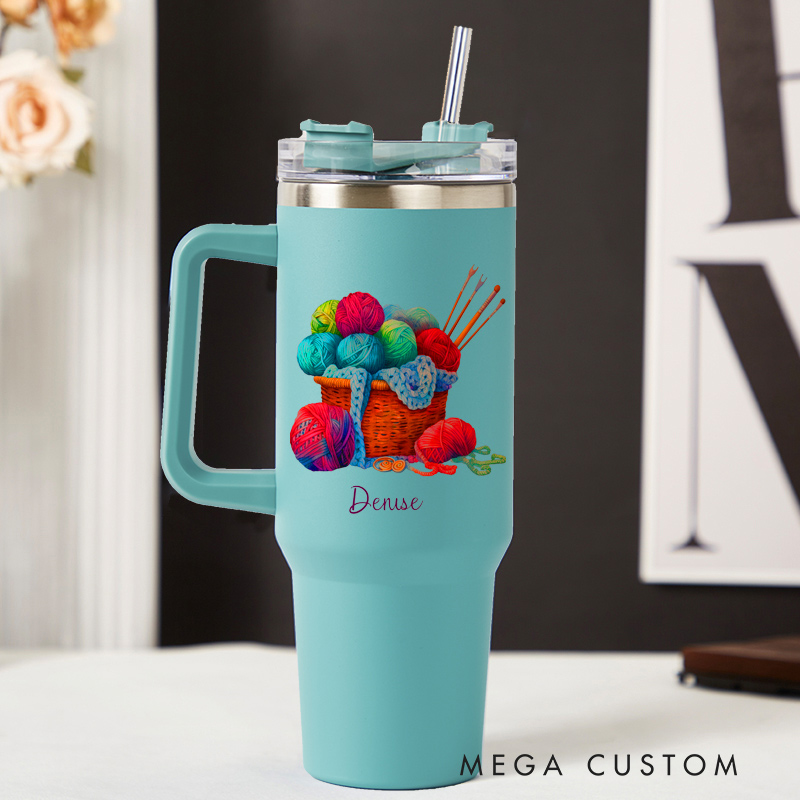Personalized 40oz Tumbler with Handle Yarn Basket and Custom Name