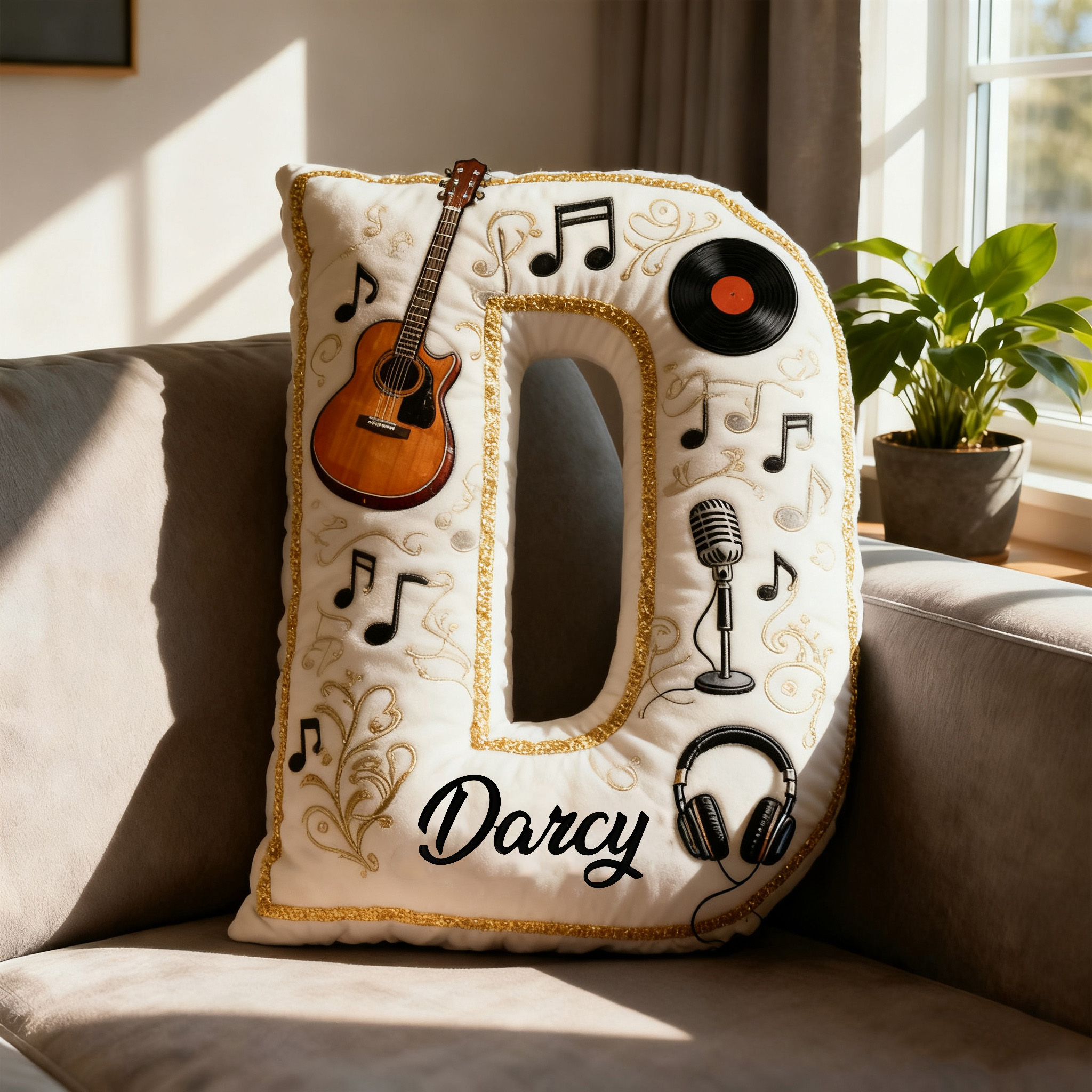 Personalized Graphic 3D Print Vinyl Records and Guitars Pillow With Your Own Name Soft Stuffed Toy for Kids Music Lovers Unique Decorative Cushion for Room