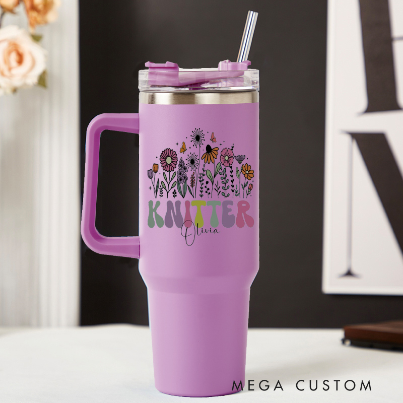 Personalized 40oz Tumbler with Handle Floral Knitter and Custom Name