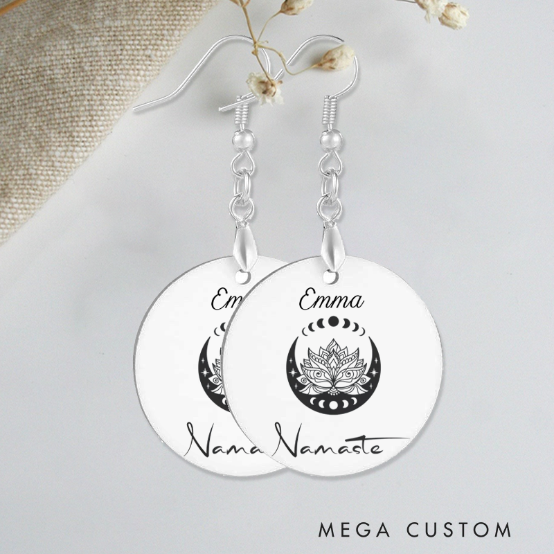 Personalized Namaste Earrings with Lotus and Moon Design Custom Name Jewelry Gift Acrylic Earrings for Yoga Lover