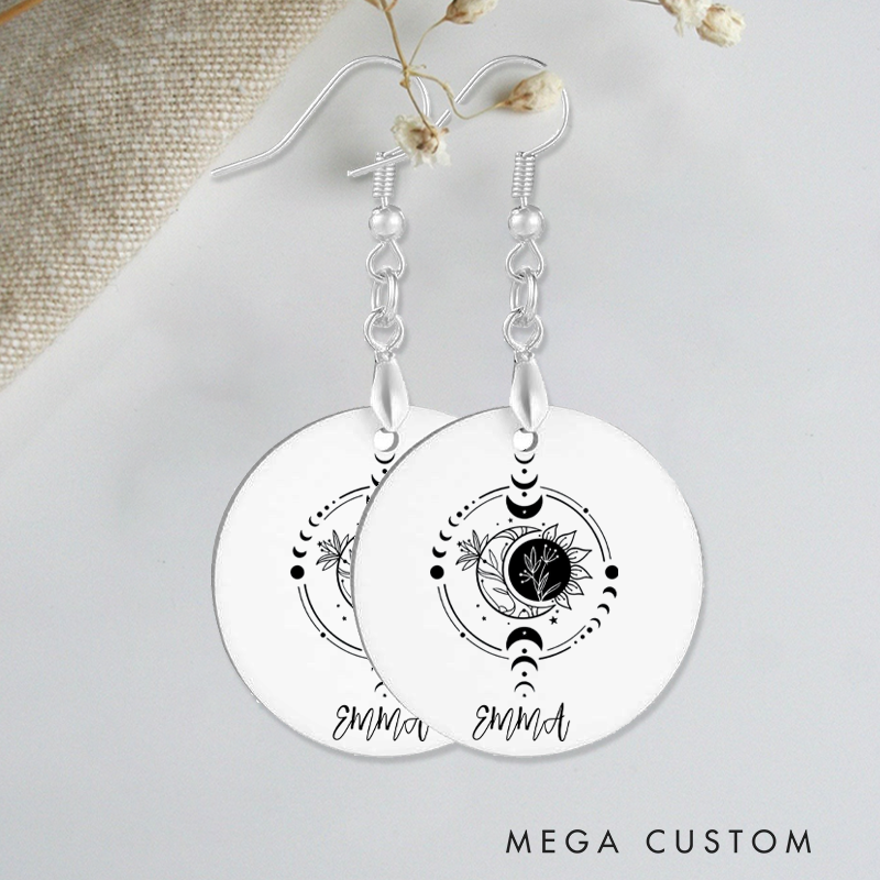Personalized Moon Phase Earrings with Lotus Design Custom Name Jewelry Gift Acrylic Earrings for Yoga Lover