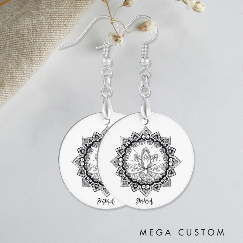 Personalized Mandala Lotus Earrings Custom Name Boho Jewelry Gift Acrylic Earrings for Yoga Lover