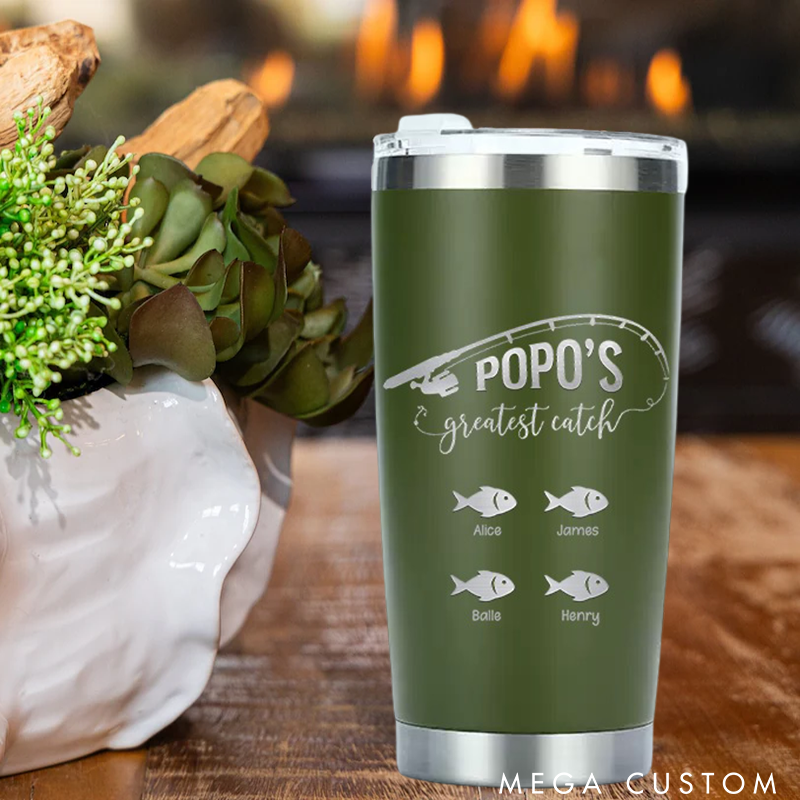 Personalized Greatest Catch Stainless Steel Tumbler with Fish and Fishing Rod design Perfect Gift for Fishing Lover
