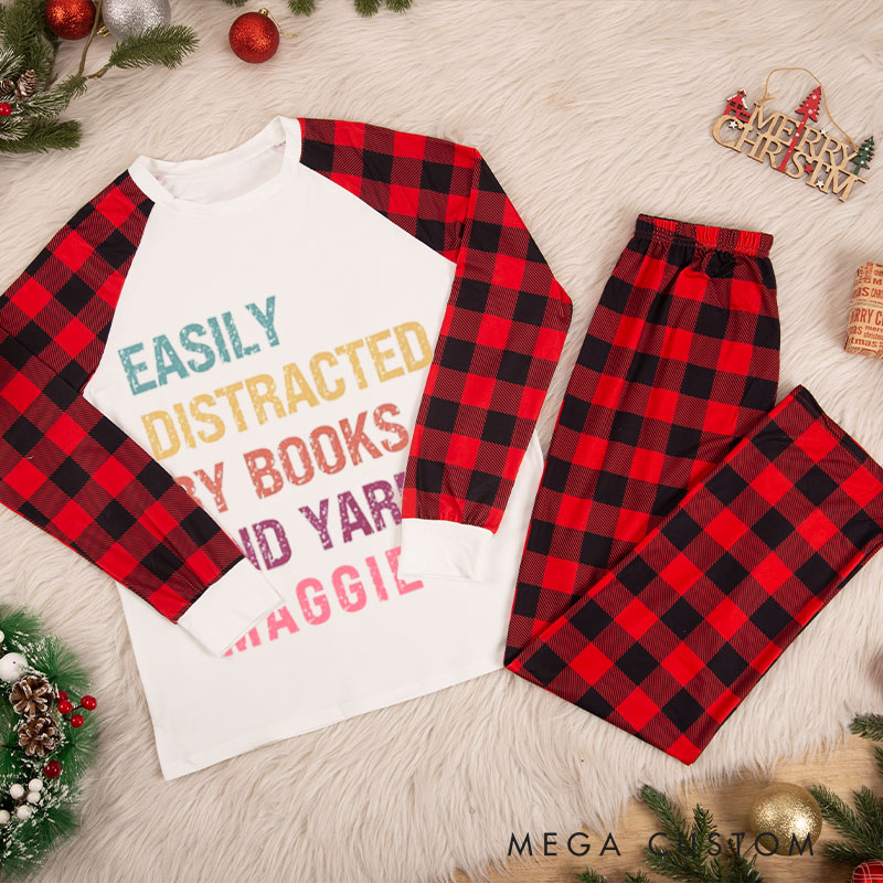 Personalized Knitting Christmas Pajama Sets Funny Christmas Pajama Sets Distracted By Books and Yarn Gift for Knitting Lovers