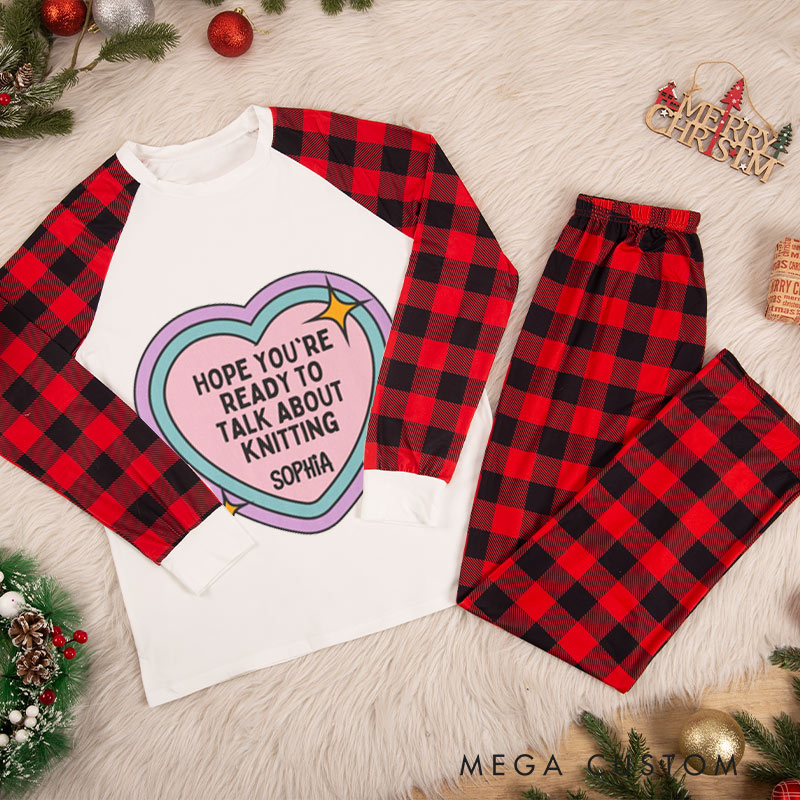 Personalized Knitting Christmas Pajama Sets Funny Christmas Pajama Sets Color Gradient Heart Knitting Text Gift for Knitting Lovers