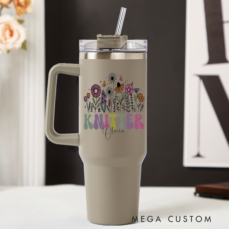 Personalized 40oz Tumbler with Handle Floral Knitter and Custom Name