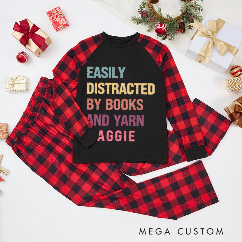 Personalized Knitting Christmas Pajama Sets Funny Christmas Pajama Sets Distracted By Books and Yarn Gift for Knitting Lovers