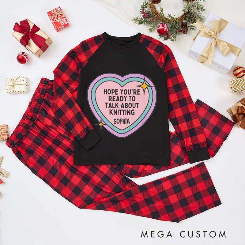 Personalized Knitting Christmas Pajama Sets Funny Christmas Pajama Sets Color Gradient Heart Knitting Text Gift for Knitting Lovers