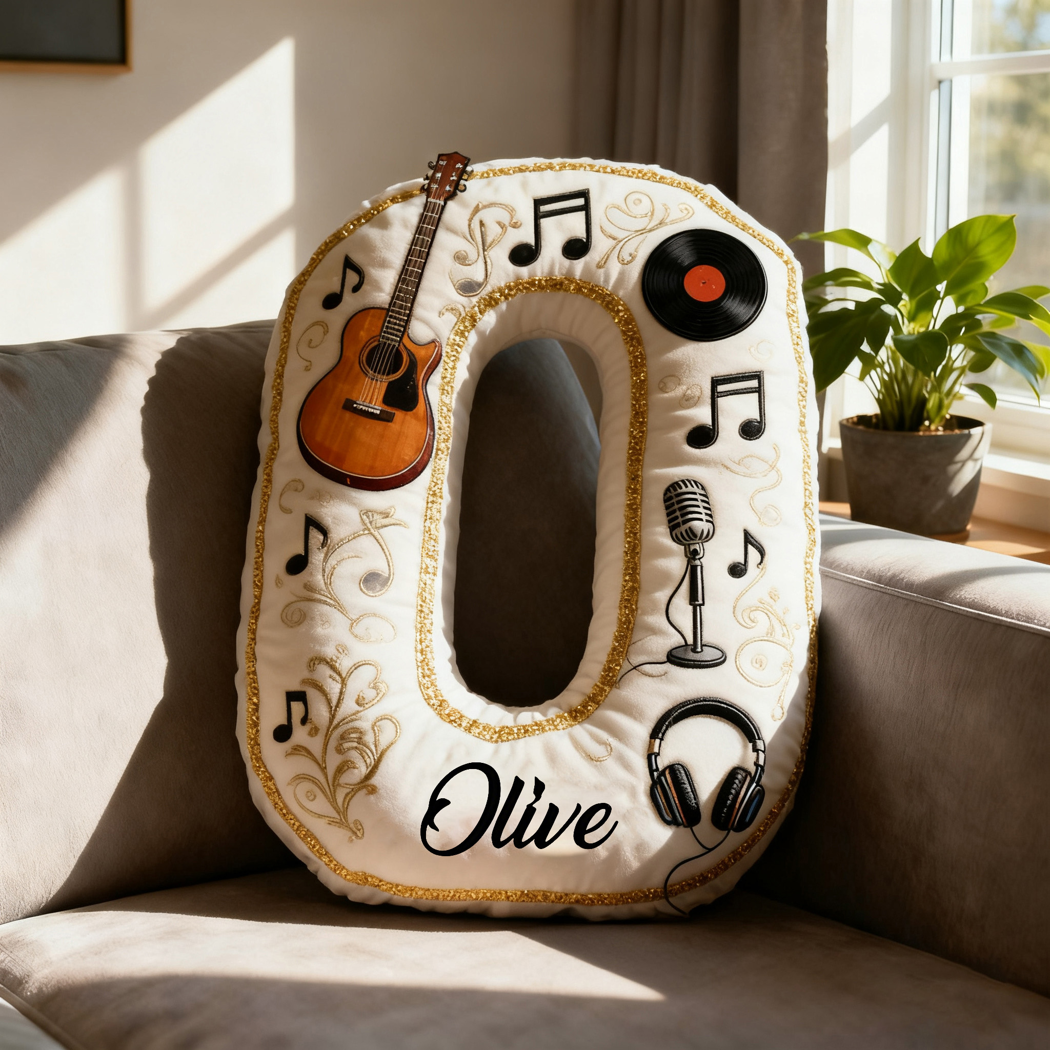 Personalized Graphic 3D Print Vinyl Records and Guitars Pillow With Your Own Name Soft Stuffed Toy for Kids Music Lovers Unique Decorative Cushion for Room