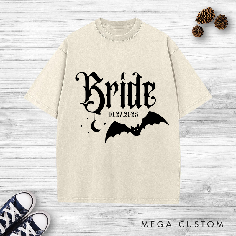 Personalized Halloween-Inspired Gothic Bride and Groom with Bat and Moon Matching Wedding Couple Washed T-Shirt