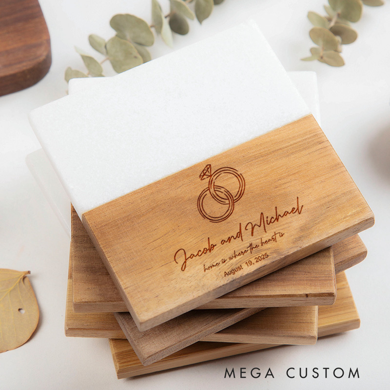 Personalized Marble and Wood Coaster Home Is Where the Heart Is Our First Home Gift for Couple Custom Engraved Wedding Coaster Housewarming Party Gift