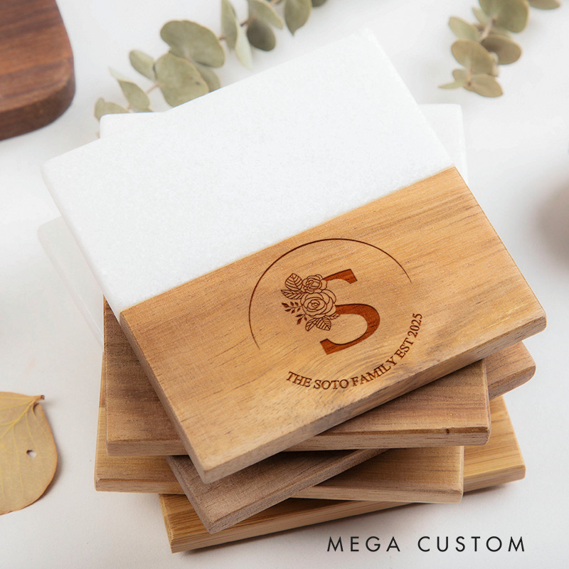 Personalized Floral Monogram Coaster Custom Marble and Wood Coaster Housewarming Gift New Home Gift for Couple Wedding Gift Housewarming Party Gift