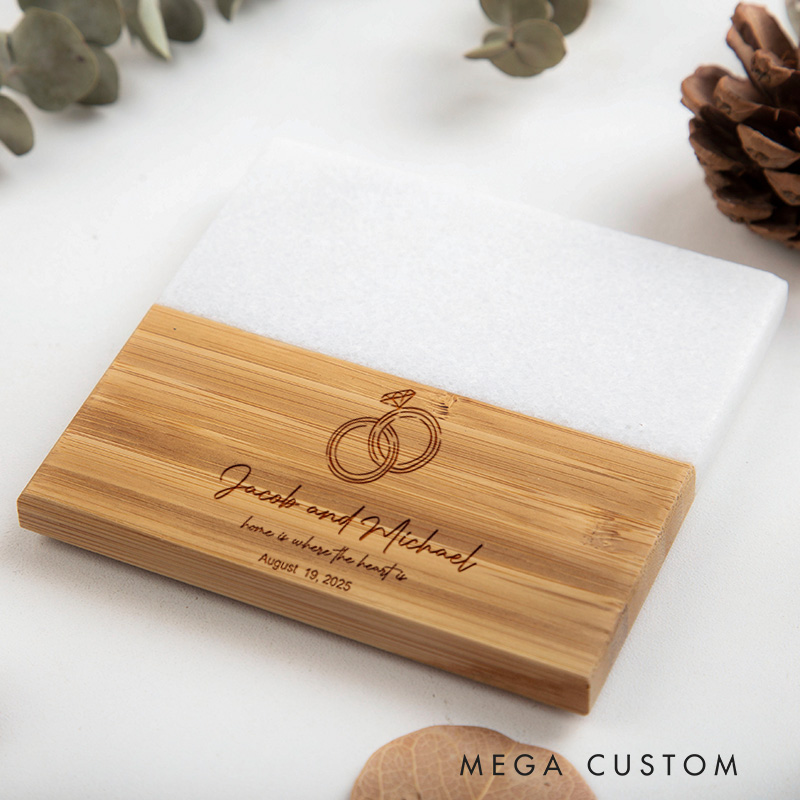 Personalized Marble and Wood Coaster Home Is Where the Heart Is Our First Home Gift for Couple Custom Engraved Wedding Coaster Housewarming Party Gift