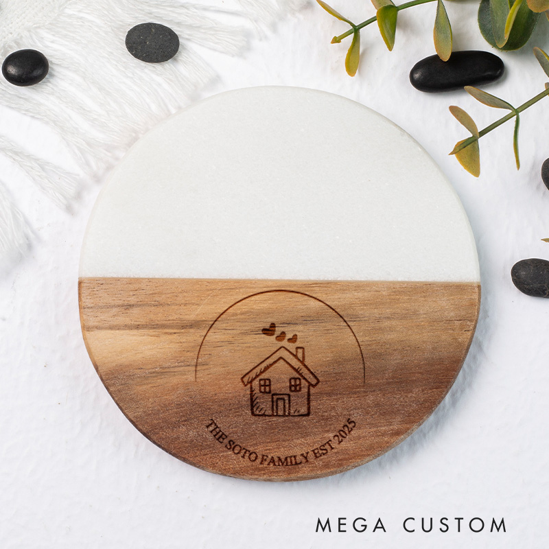 Personalized Marble and Wood Coaster Housewarming Gift New Home Gift for Couple Engraved Wedding Coasters Cozy Home Coaster Housewarming Celebrations