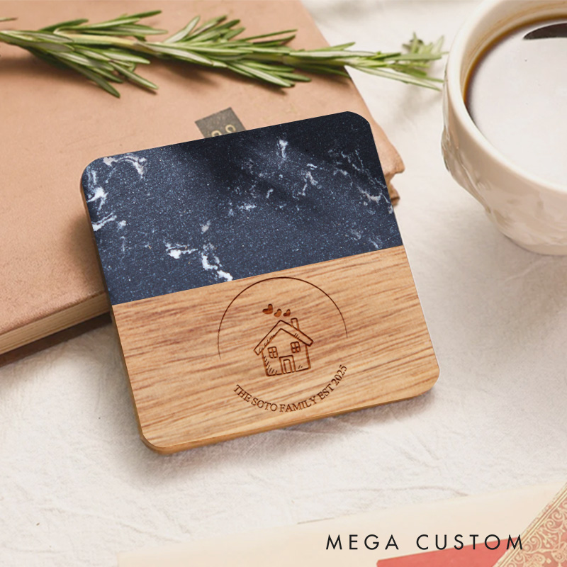 Personalized Marble and Wood Coaster Housewarming Gift New Home Gift for Couple Engraved Wedding Coasters Cozy Home Coaster Housewarming Celebrations