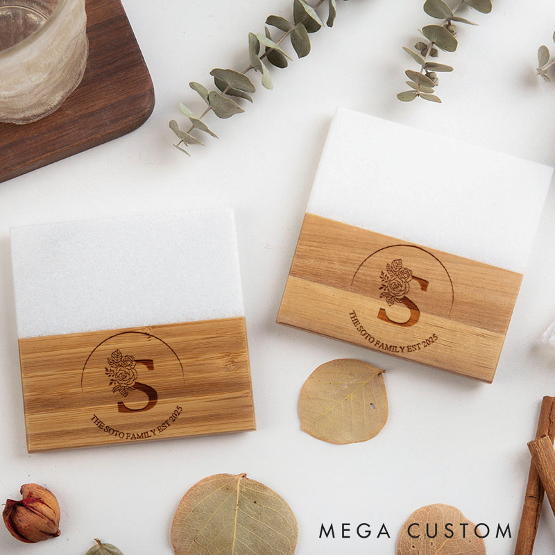 Personalized Floral Monogram Coaster Custom Marble and Wood Coaster Housewarming Gift New Home Gift for Couple Wedding Gift Housewarming Party Gift