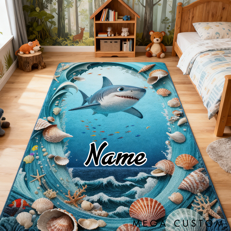 Personalized Shark Rug Ocean and Seashell Design Custom Name Perfect for Kids Rooms and Fishing Enthusiasts Decor