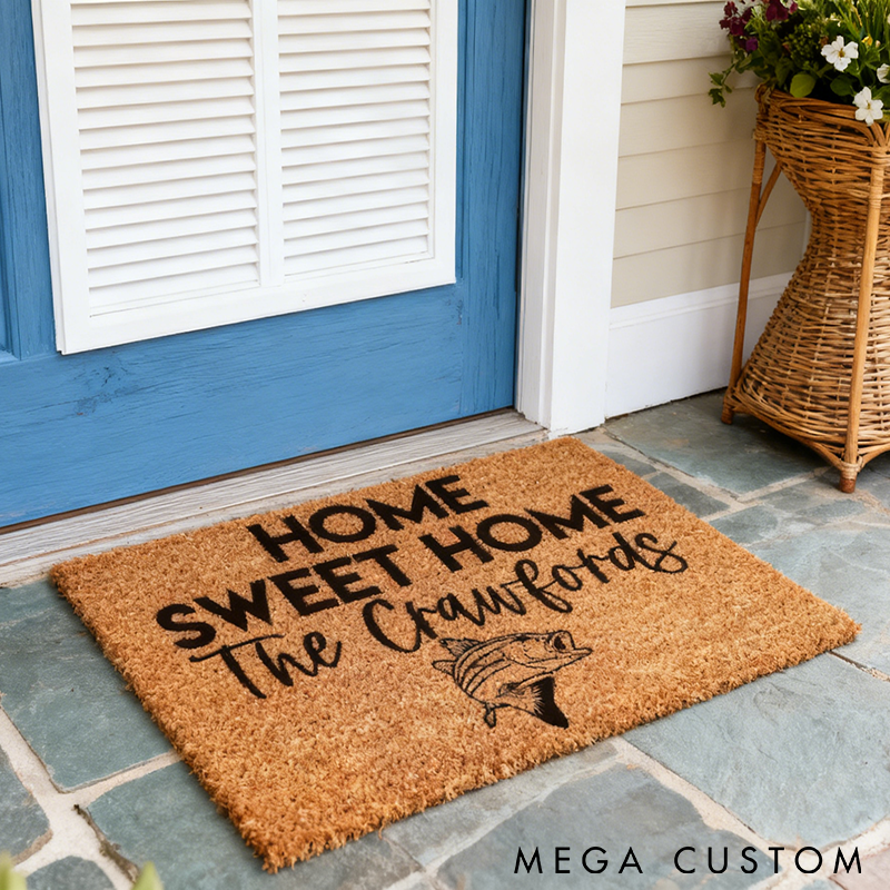 Personalized Fishing Doormat Home Sweet Home Design Custom Name Durable Coir Mat for Fishing Enthusiasts' Entryway Decor