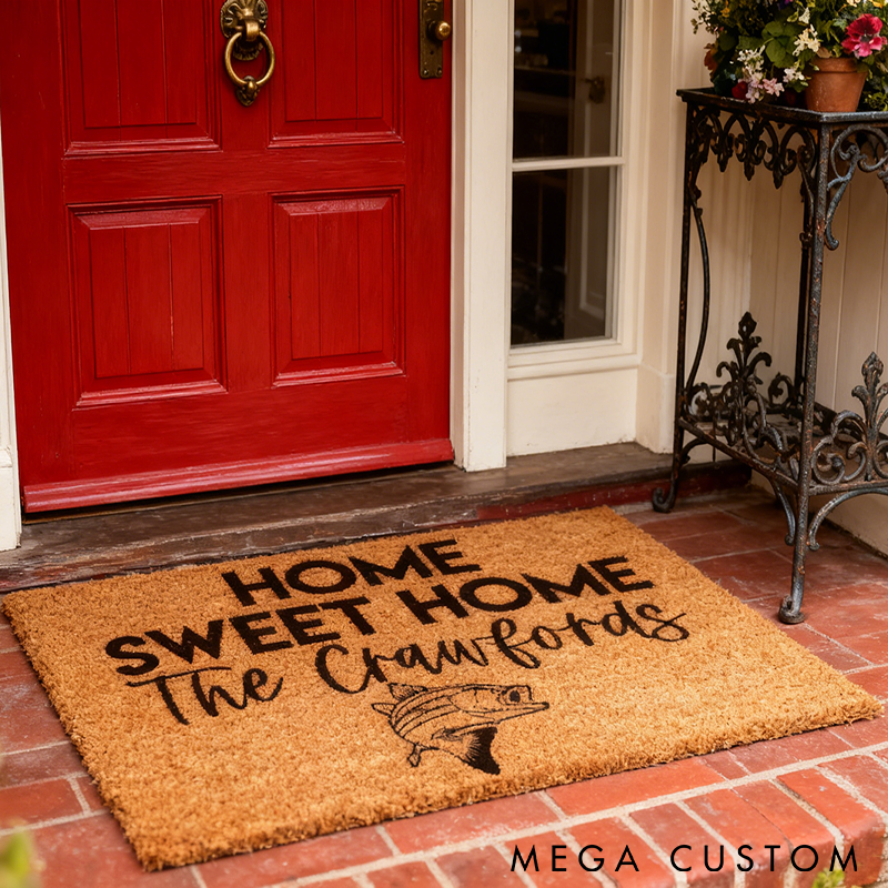 Personalized Fishing Doormat Home Sweet Home Design Custom Name Durable Coir Mat for Fishing Enthusiasts' Entryway Decor