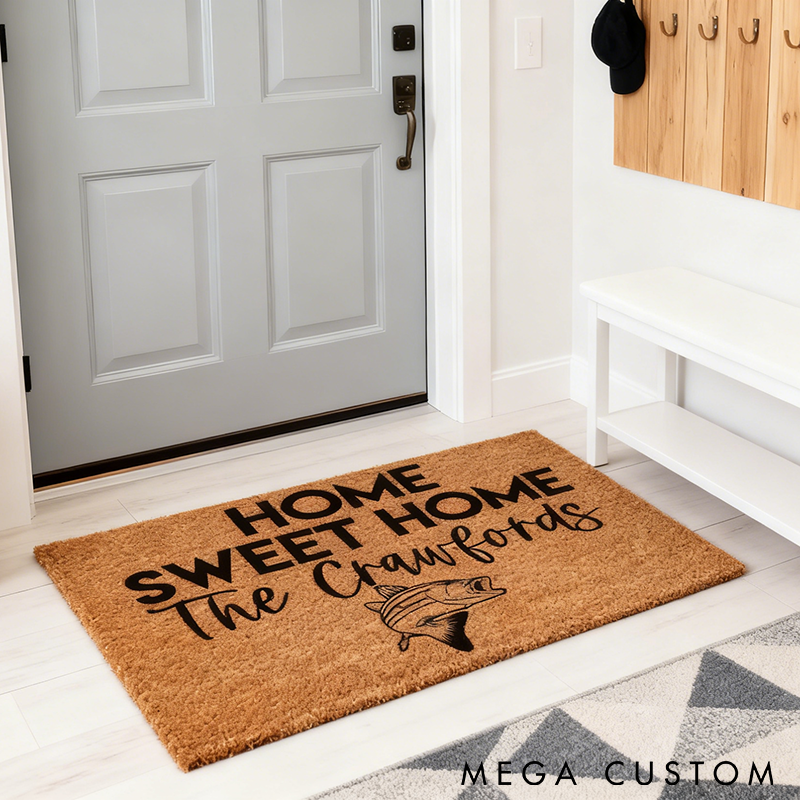 Personalized Fishing Doormat Home Sweet Home Design Custom Name Durable Coir Mat for Fishing Enthusiasts' Entryway Decor