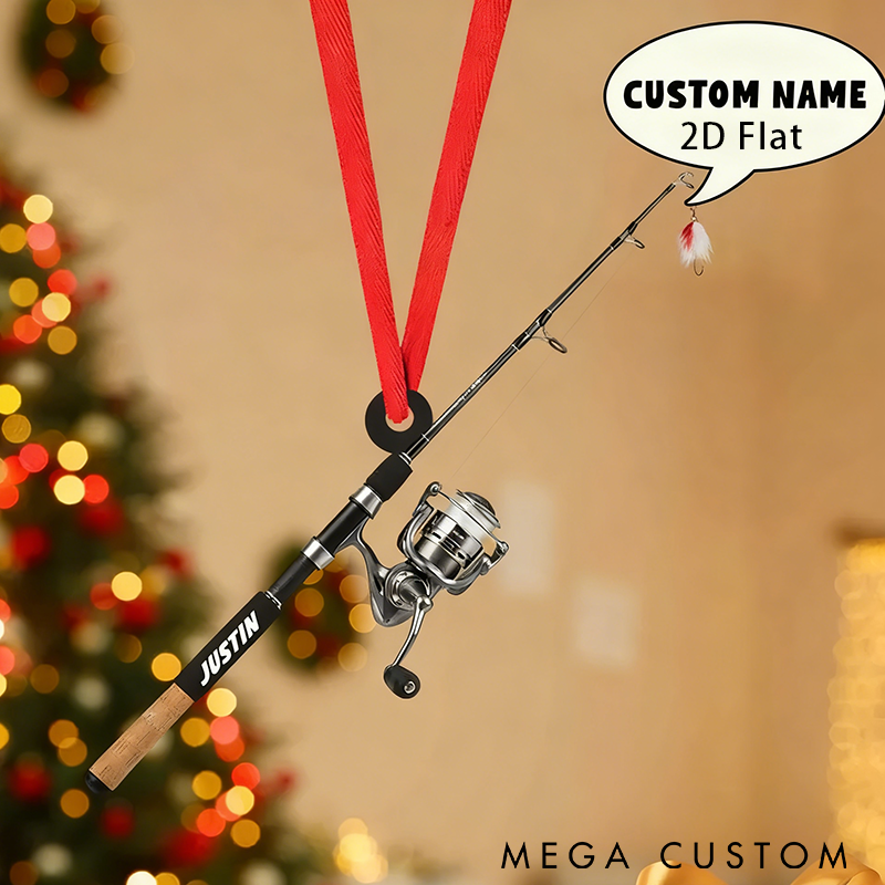 Personalized Fishing Rod Ornament 2D Flat Fishing Lovers Ornaments Custom Name Unique Christmas Decoration for Fishing Enthusiasts Perfect Holiday Gift Idea