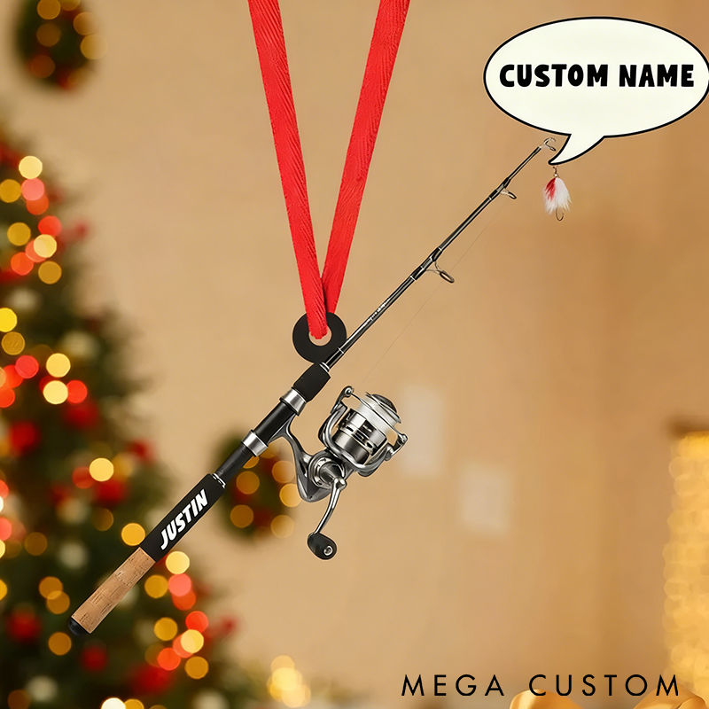 Personalized Fishing Rod Ornament 2D Flat Fishing Lovers Ornaments Custom Name Unique Christmas Decoration for Fishing Enthusiasts Perfect Holiday Gift Idea