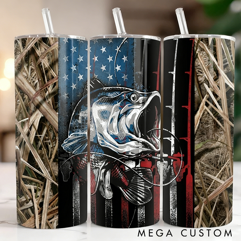 Personalized Fishing Tumbler Camo Bass Fishing Tumbler with Bass Fish and American Flag Design Custom Name Insulated Stainless Steel for Fishing Enthusiasts