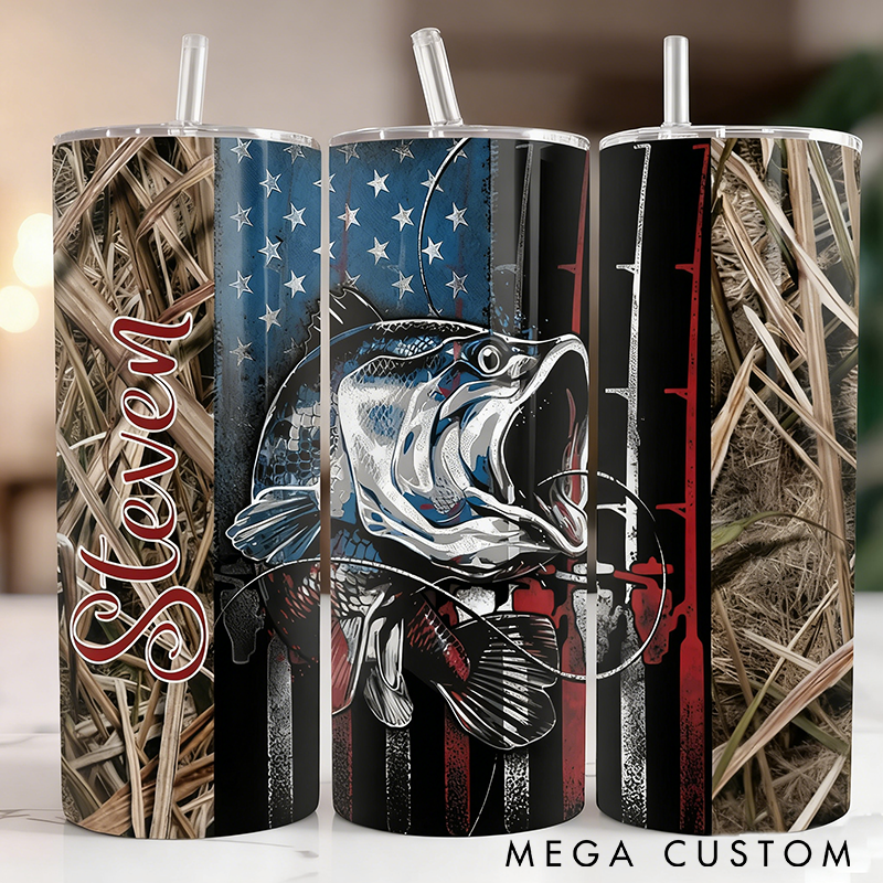 Personalized Fishing Tumbler Camo Bass Fishing Tumbler with Bass Fish and American Flag Design Custom Name Insulated Stainless Steel for Fishing Enthusiasts