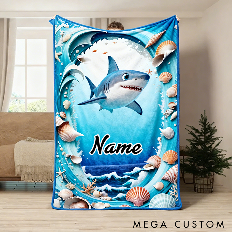 Personalized Shark Blanket Ocean and Seashell Design Custom Name Soft Gift for Fishing Enthusiasts and Marine Life Lovers
