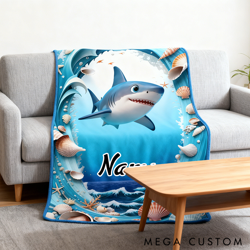 Personalized Shark Blanket Ocean and Seashell Design Custom Name Soft Gift for Fishing Enthusiasts and Marine Life Lovers
